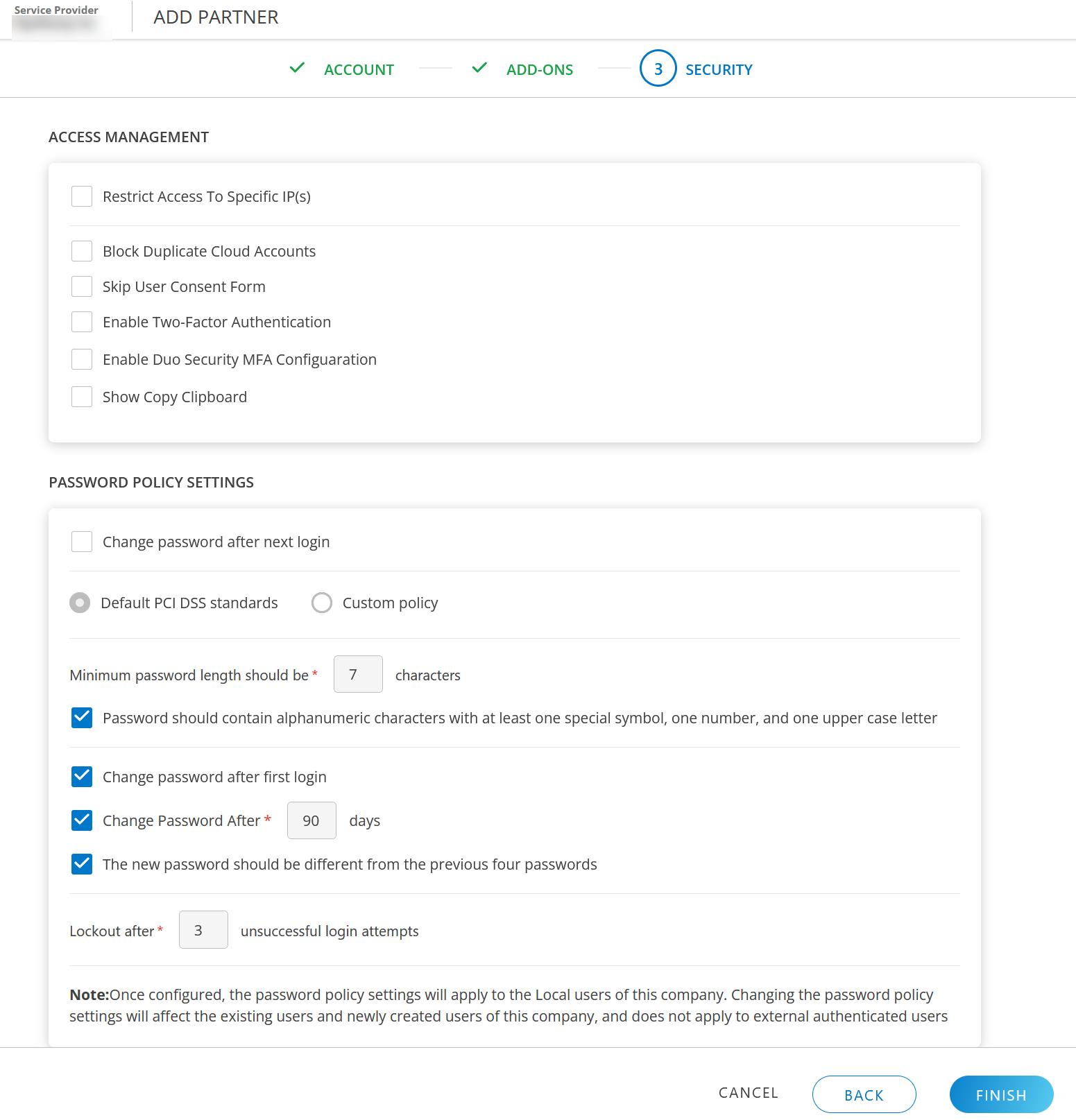 Partner Security screen