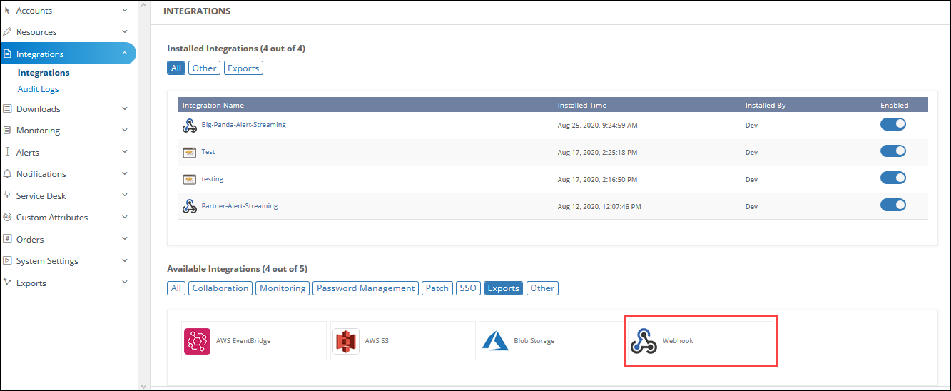 Webhooks in Exports tab in Integrations