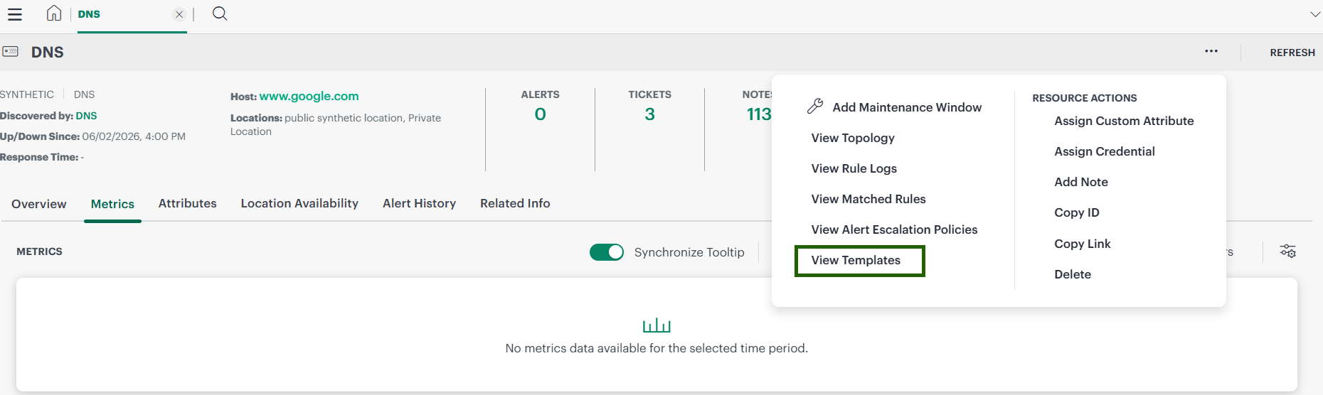 Metrics templates tab