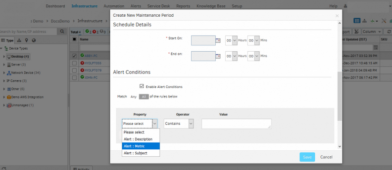 Alert metric filters within schedule maintenance
