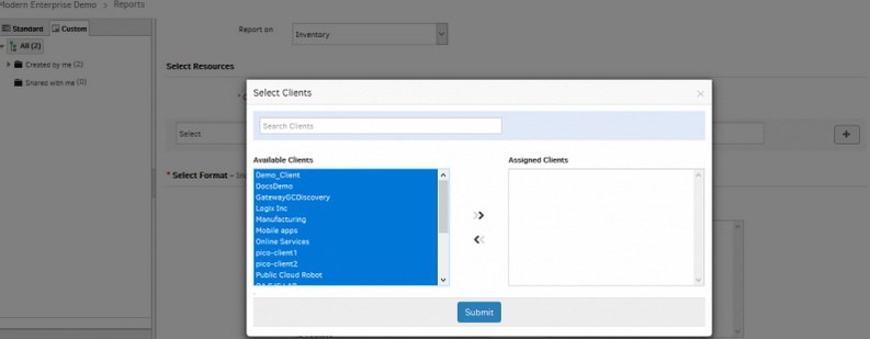 All/Multiple Clients can be selected when creating custom report