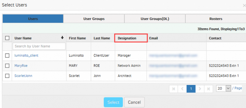 Designation column in User list