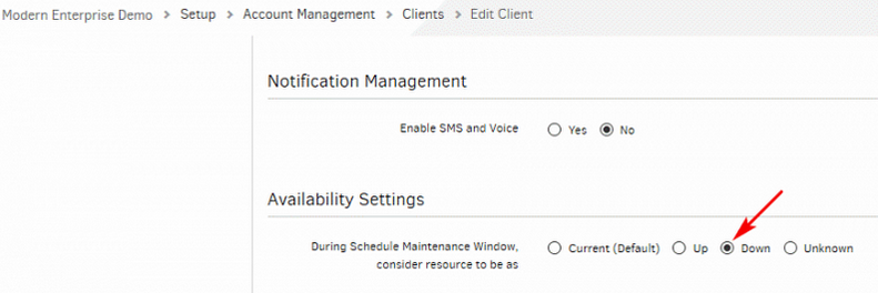 The user selects the Resource Availability Status as Down
