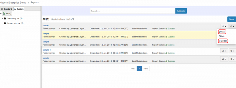 Edit, Run, and Delete features provided for Custom reports