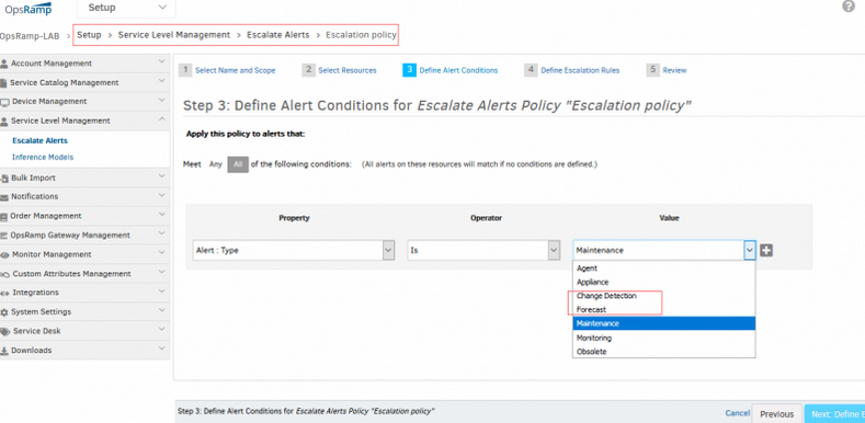 You can configure alert escalation policies and dashboard widgets based on forecast and change based alerts