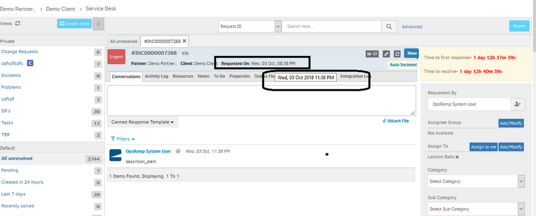 Difference in date and time at which Incident is generated