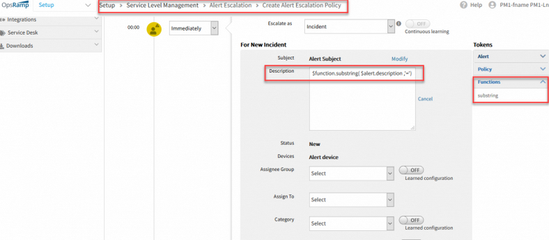 Function-based tokens while creating a new Incident in Alert Escalation