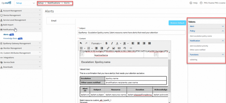 Function-based tokens while creating an alert notification