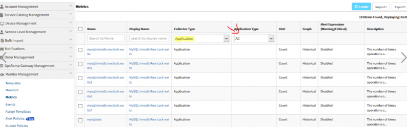 Added Application Type filter in Metrics and Monitors list