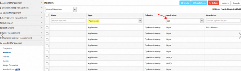 Added Application Type filter in Metrics and Monitors list