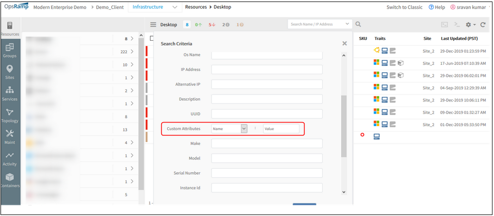 Ability to Search for resources in the New Infrastructure page using Custom Attributes