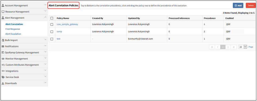 Alert Correlation Policies in the List view