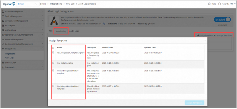 Apply monitoring templates to integrations