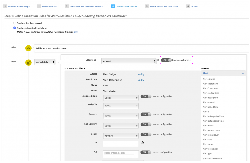 Continuous learning option for alert escalation policy