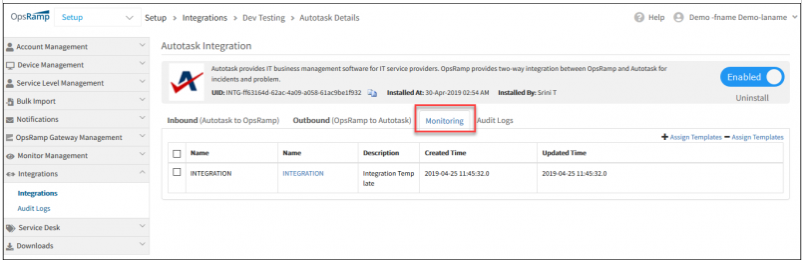 Monitoring installed integrations