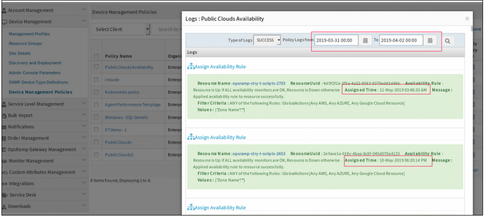 Policy log date filter search is displaying incorrect results