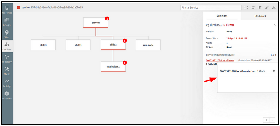 The alert listing is not displayed in the service map side panel