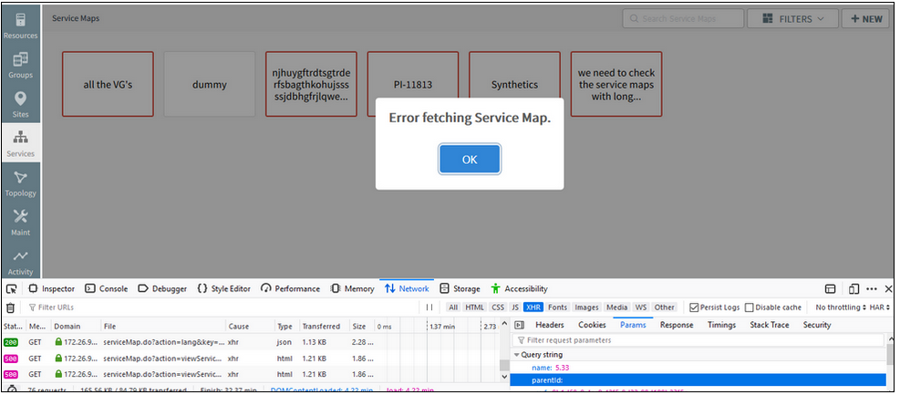 Unable to open existing service maps, displays an error message