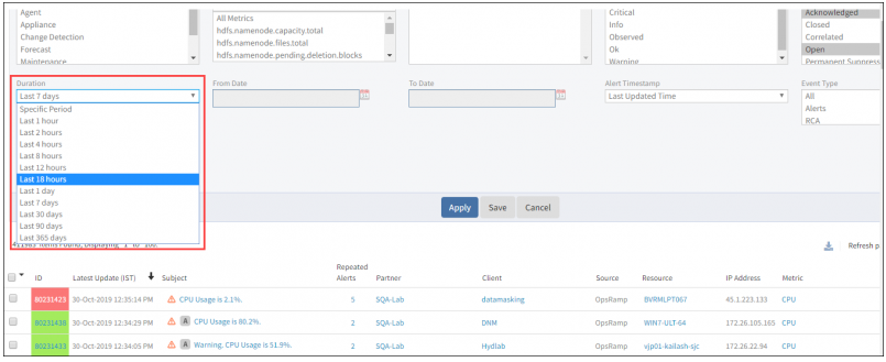 Simplified time-period selection in alert browser