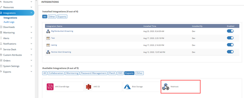 Webhooks in Exports tab in Integrations
