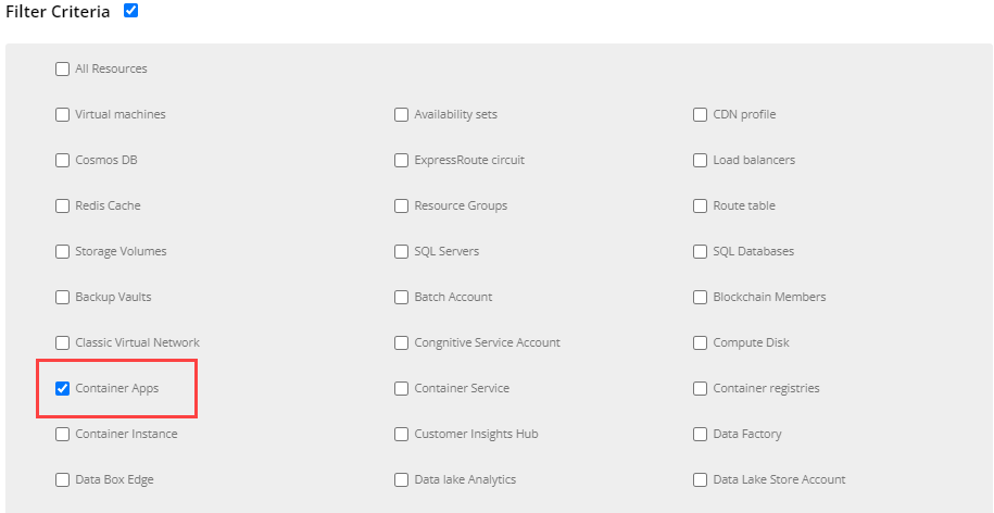 Azure Container Apps filter criteria