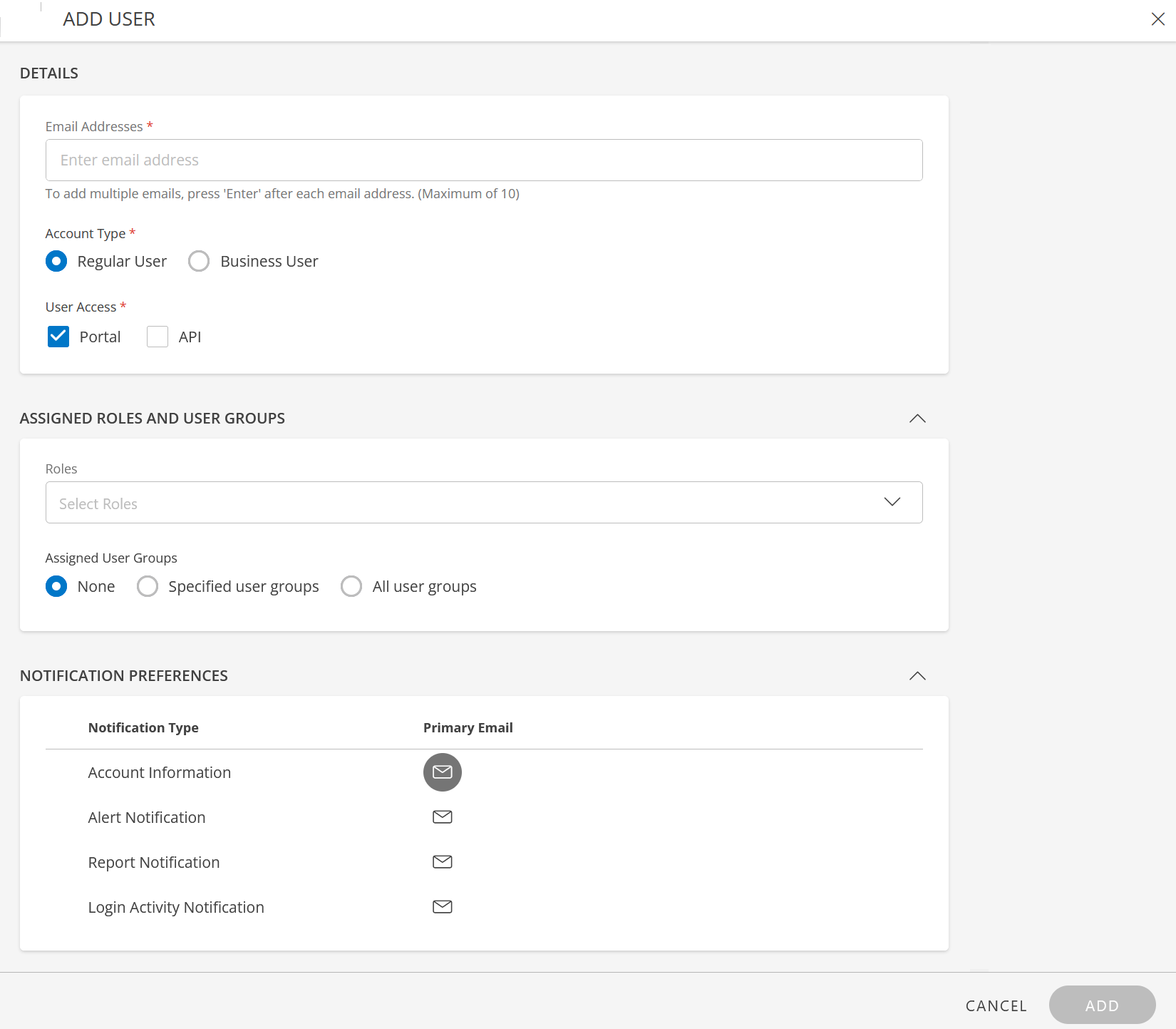 Add user screen