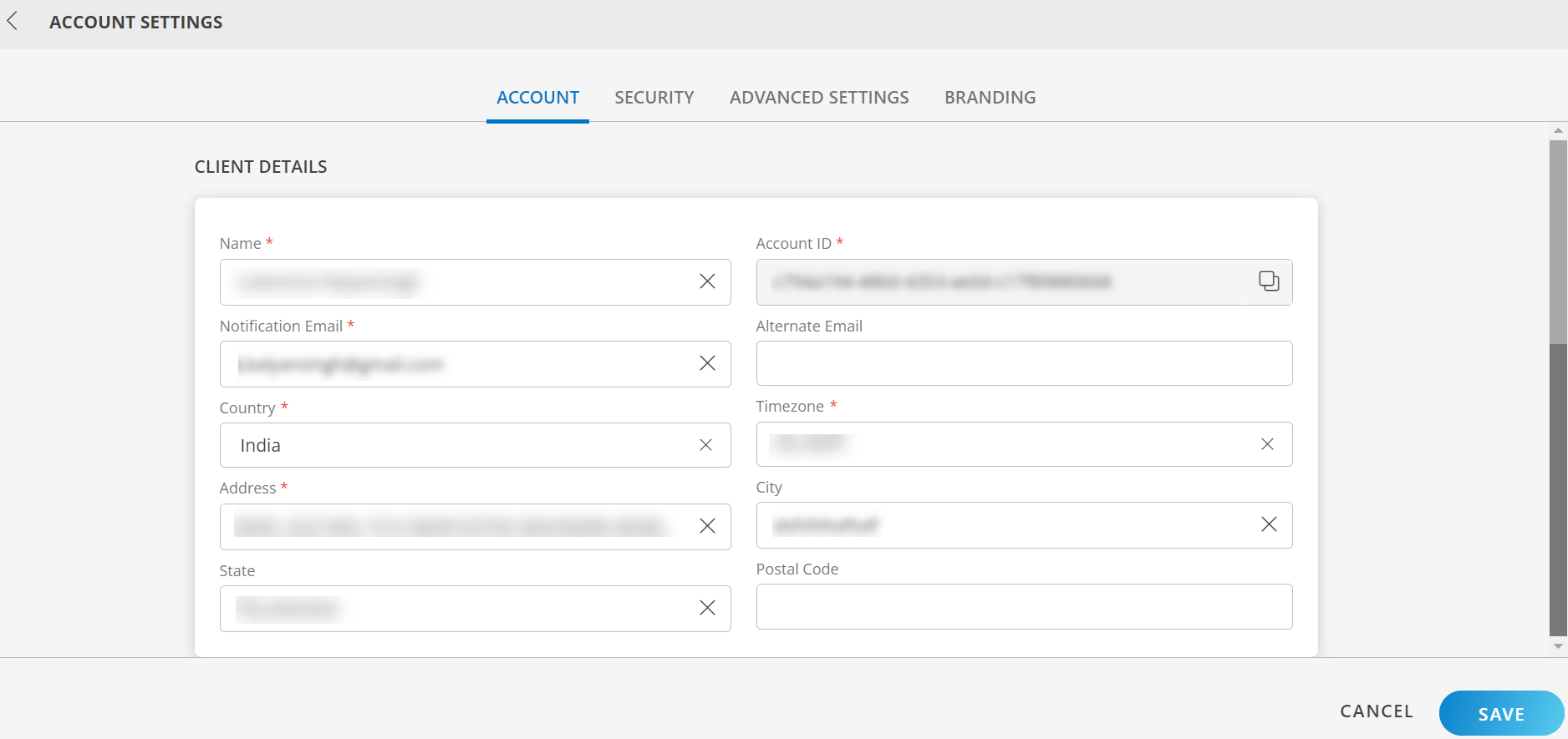 Account Settings screen