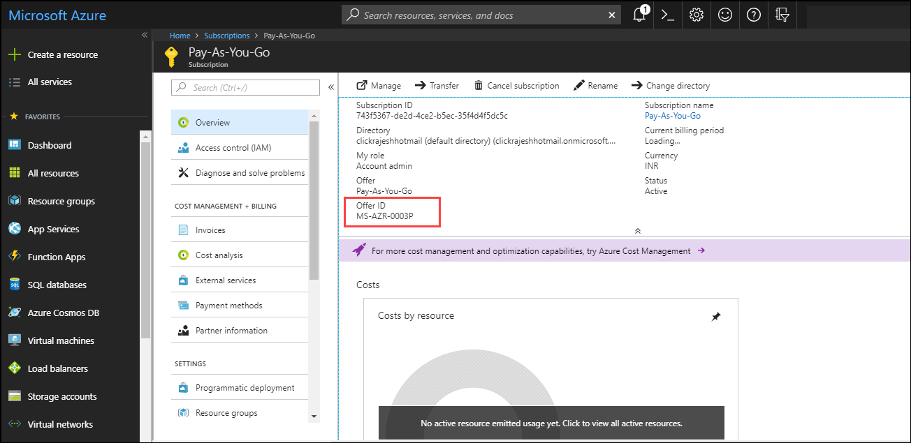 Azure Offer ID for Collect Cost Analytics