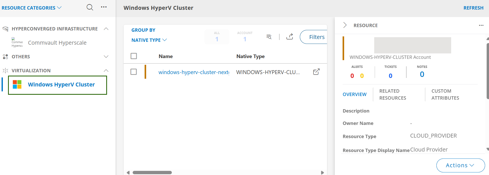 Hyper V Cluster on Infrastructure screen