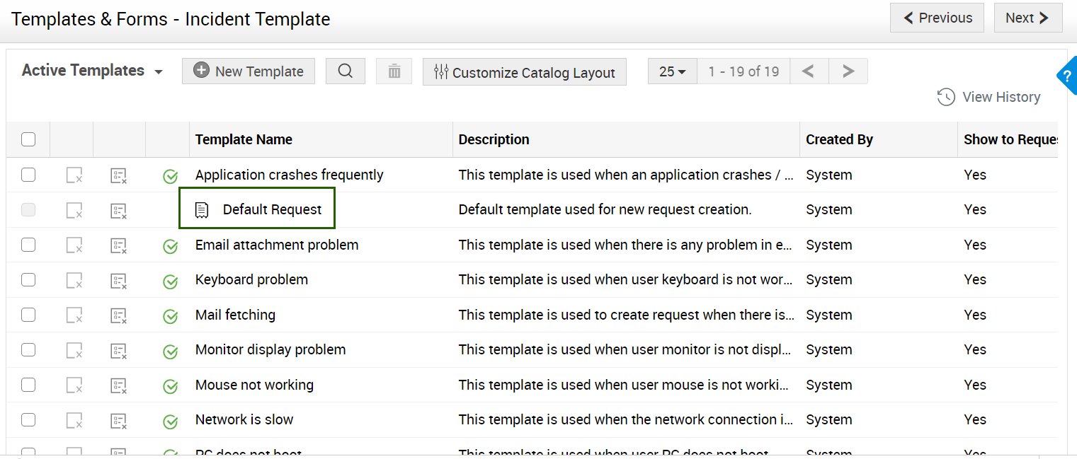 ManageEngine Default Request Template