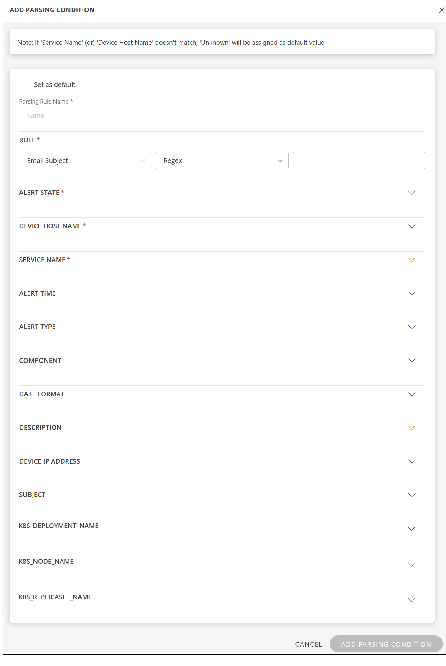 Email Alerts - Add parsing condition screen