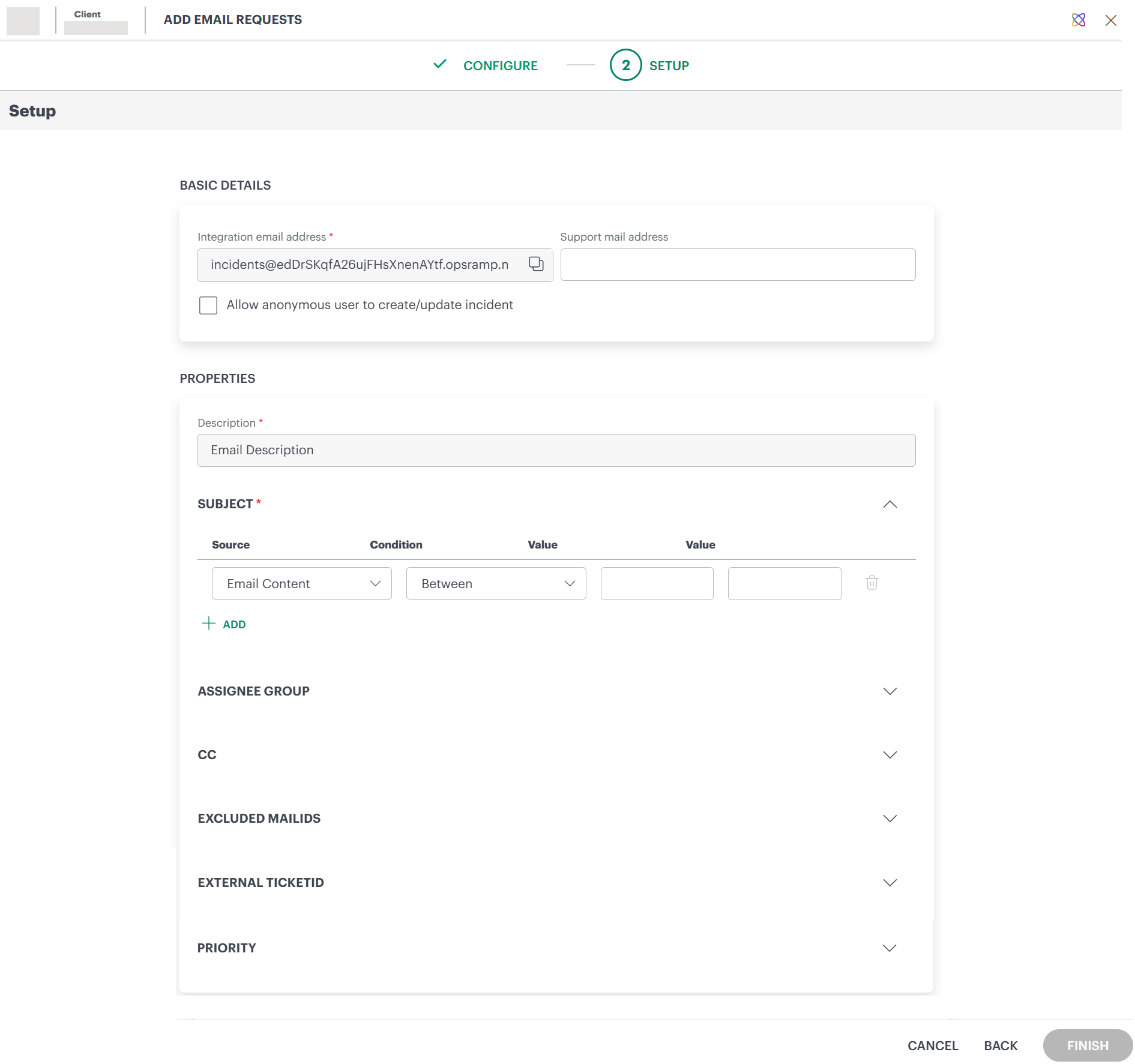 Email Requests Setup screen - Incident and Service  Requests