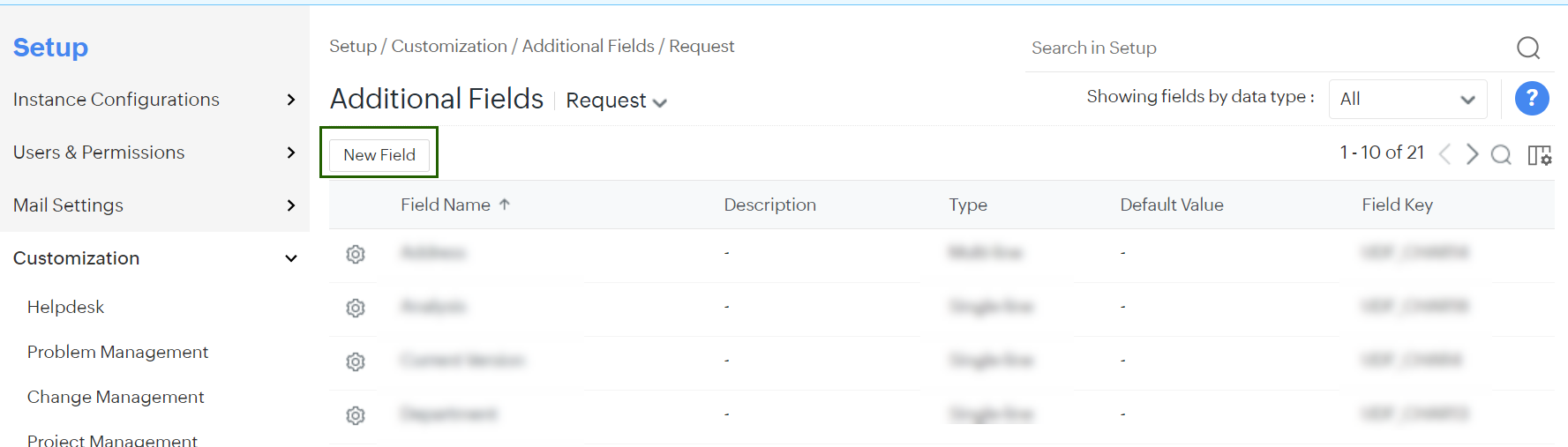 ManageEngine Additional Fields screen