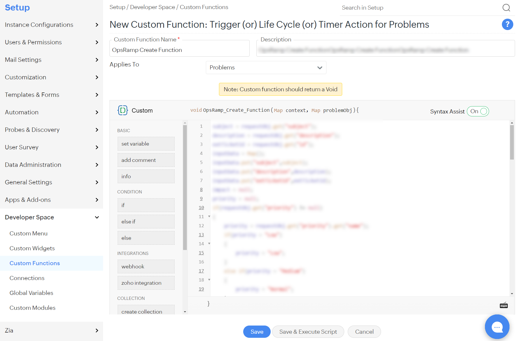 ManageEngine New Custom Functions screen