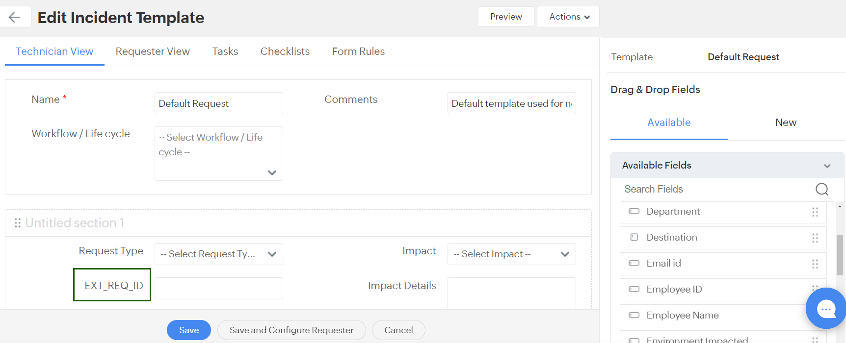 ManageEngine Edit Incident Template screen