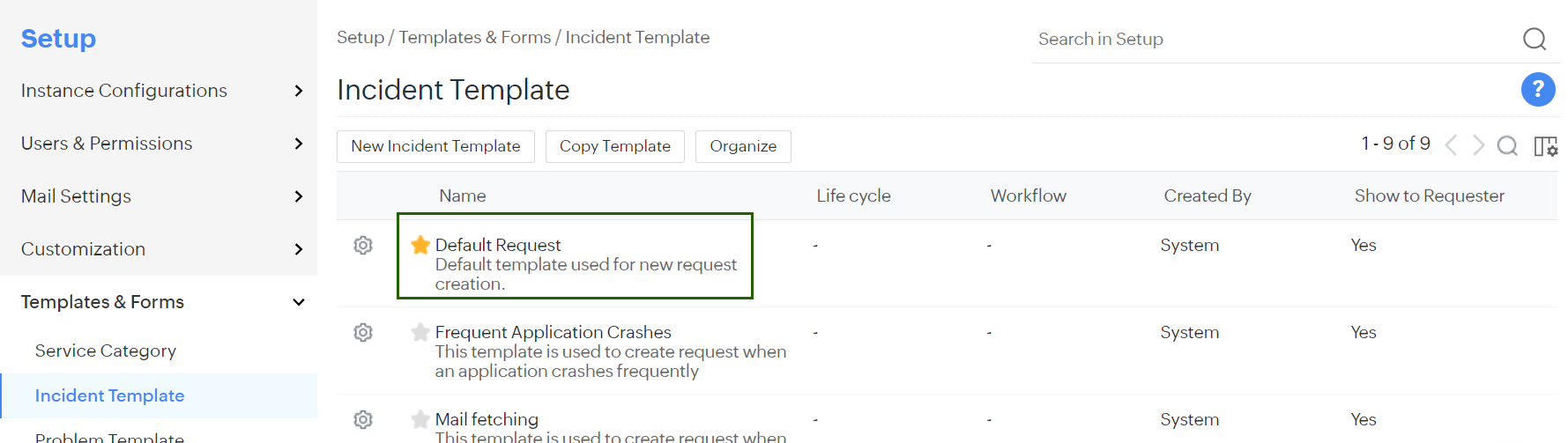 ManageEngine Incident Template screen