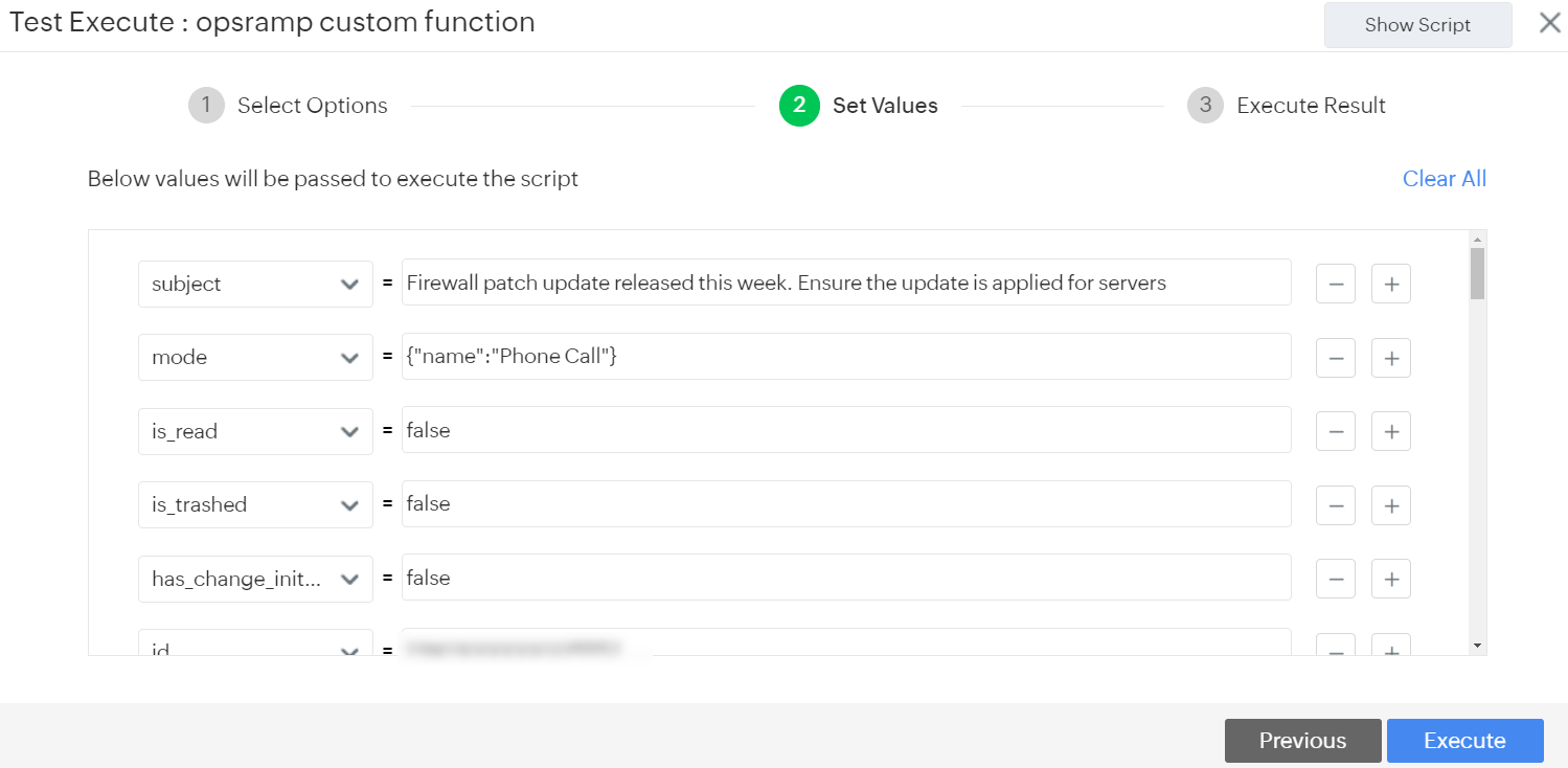 ManageEngine Set Values screen