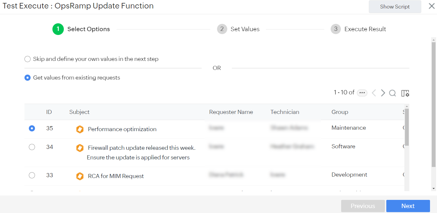 ManageEngine Script execution screen