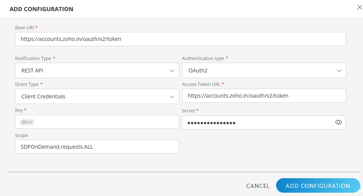 ManageEngine configuration screen