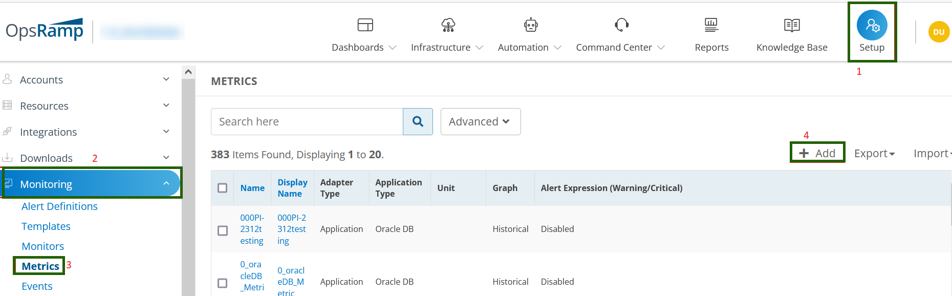 Metrics listing page