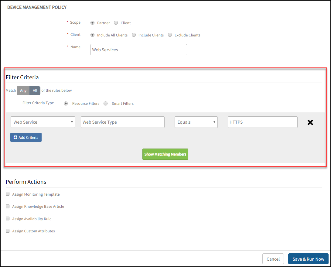 Filter Criteria - Device Management Policy