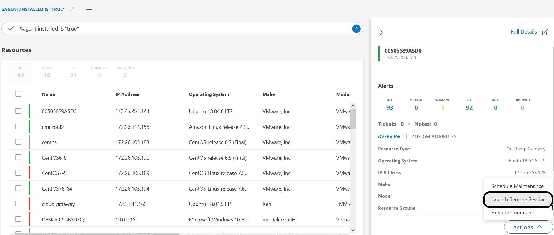 Launch console from Infrastructure Search page