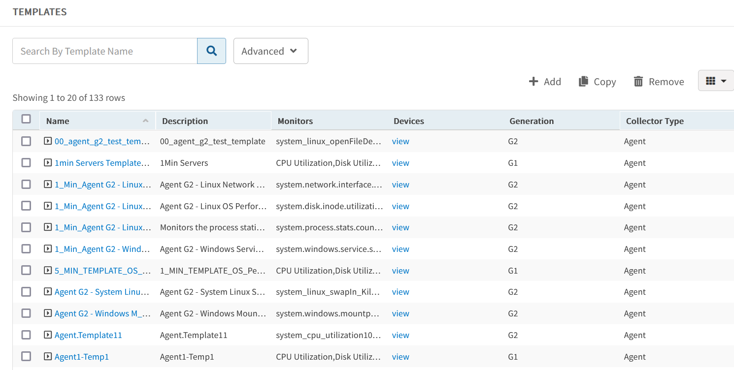 Templates listing screen