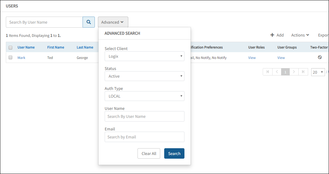 Manage User Advanced Search