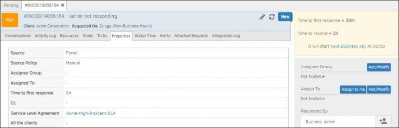 Incident Properties for SLA