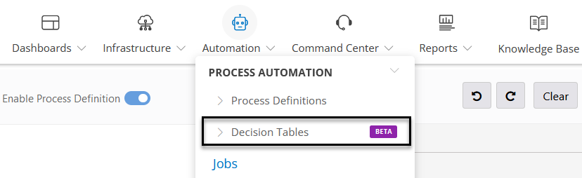 Decision Tables in Process Automation tab