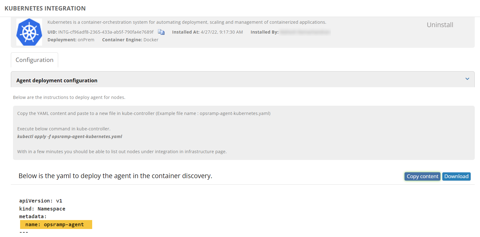 Customize namespace in which the OpsRamp agent is deployed on a Kubernetes cluster